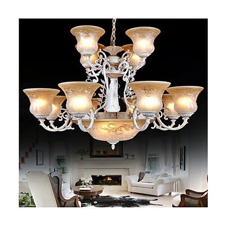 White Chandeliers Fifteen-Lights Pattern-Glass-Shade Hand-Gilt European Retro Classic 220V