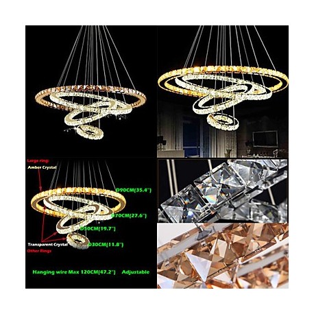 Modern LED Crystal Pendant Lights Ceiling Chandeliers Lamp with 4 Rings Large Ring Amber Crystal and Other Clear Crystal