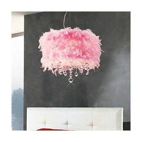 Crystal Pendant Light with 5 Lights in Pink Feather Shade