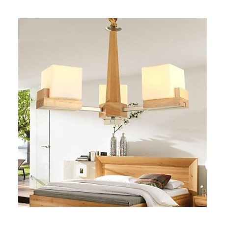 Oak Pendant Lamp, Three Lights, Oak and Glass, 220~240V (HY9023)