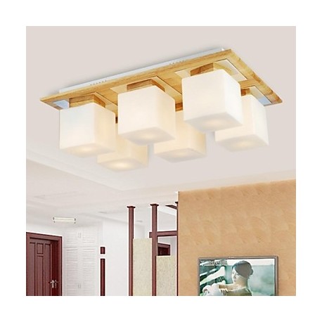 Oak Ceiling Lamp, Six Lights, Oak and Glass, 220~240V