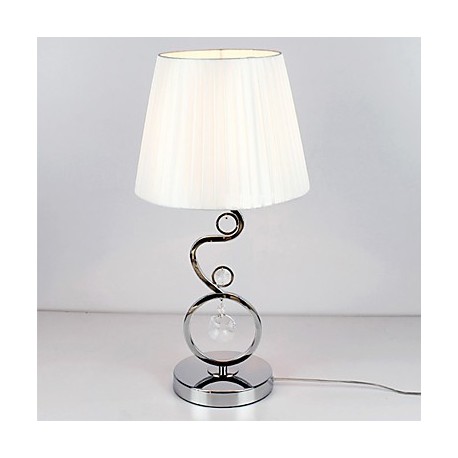 Contemporary Table Light with Elegant Fabric Shade Crystal Decor White Pleated Style 220-240V